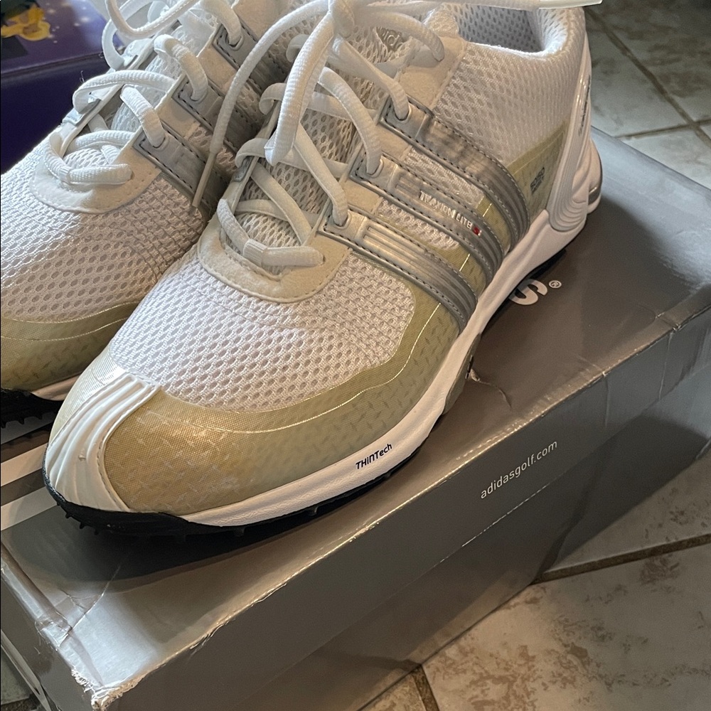 Women’s Adidas Golf Shoes White and Metallic Sneakers size 9.5